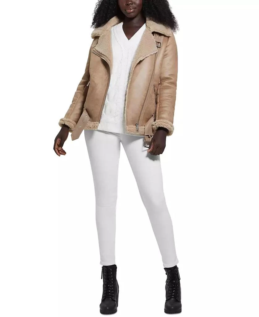 GUESS Women's Faux-Shearling Asymmetric Moto Coat 5