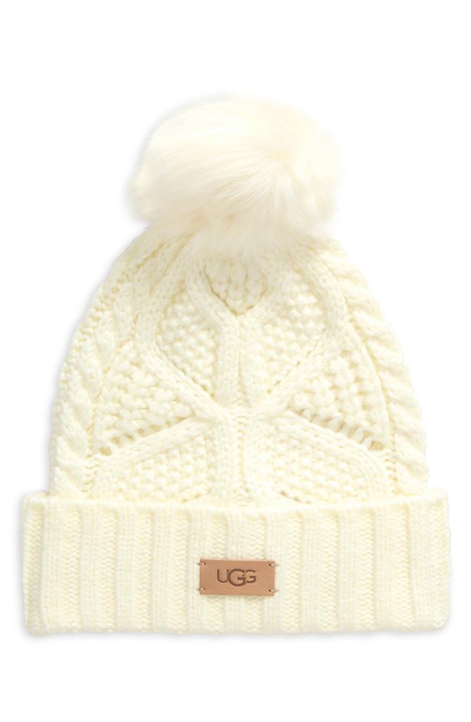 UGG Faux Fur Pompom Cable Knit Beanie