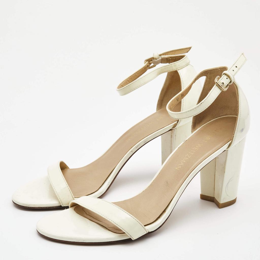 Stuart Weitzman Stuart Weitzman Cream Patent Leather Block Heel Ankle Strap Sandals Size 39.5