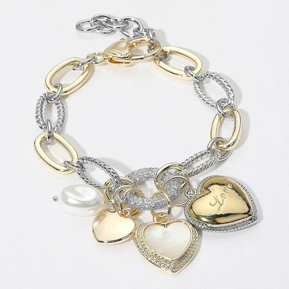 FASHNZFAB 14K Gold Plated Two Tone CZ Stone Paved Ring Mother of Pearl Heart LOVE Oval Pearl Charm Accent Chain Link Bracelet