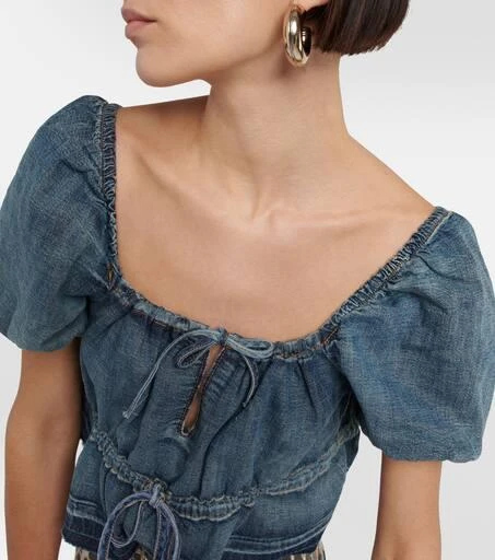 Ganni Puff-sleeve denim crop top 4
