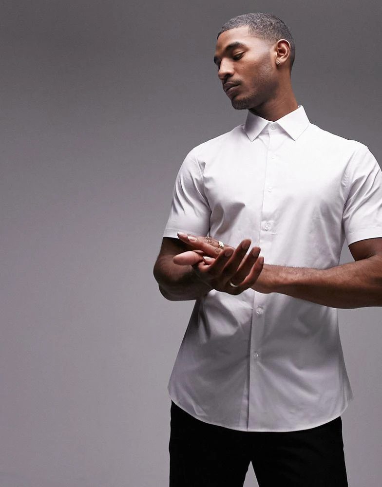 Topman Topman short sleeve formal slim stretch fit shirt in white 1
