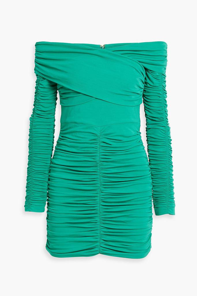 REBECCA VALLANCE Edie off-the-shoulder ruched jersey mini dress