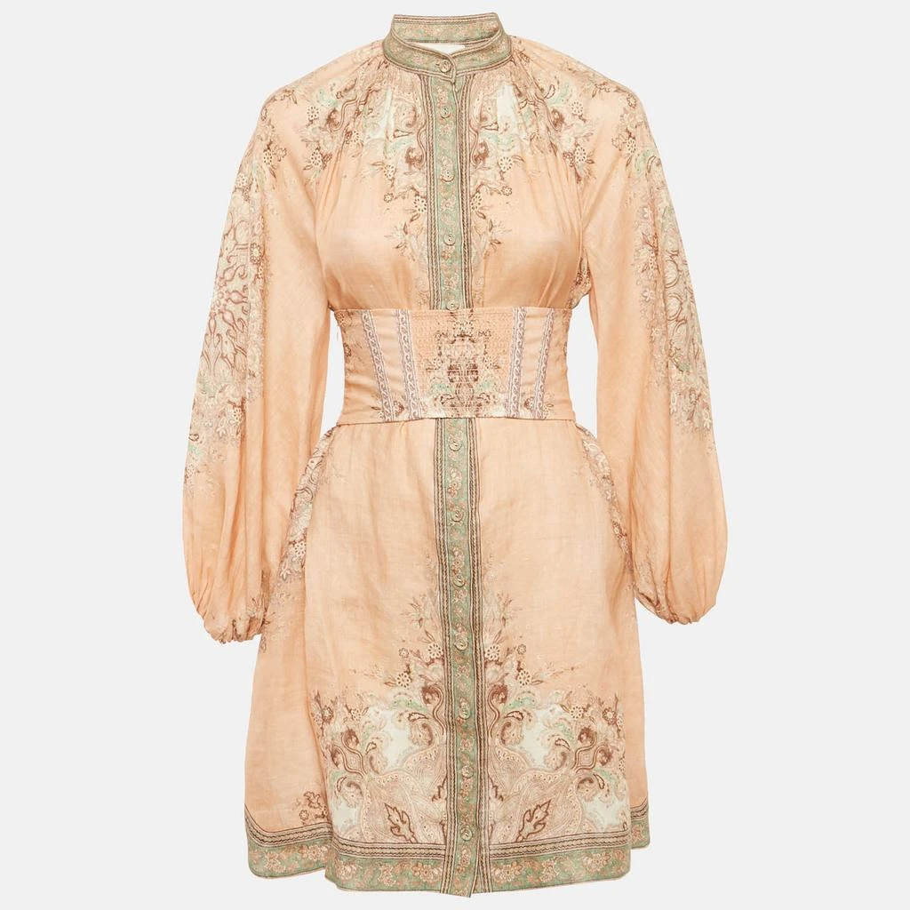 Zimmermann Zimmermann Light Orange Printed Button Front Belted Mini Dress S 1