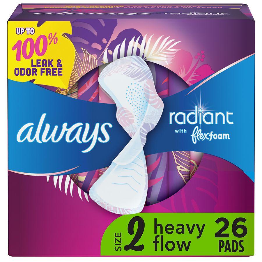 Always Radiant Feminine Pads For Women, Heavy, With Wings Light Clean, Size 2 (26 ct)