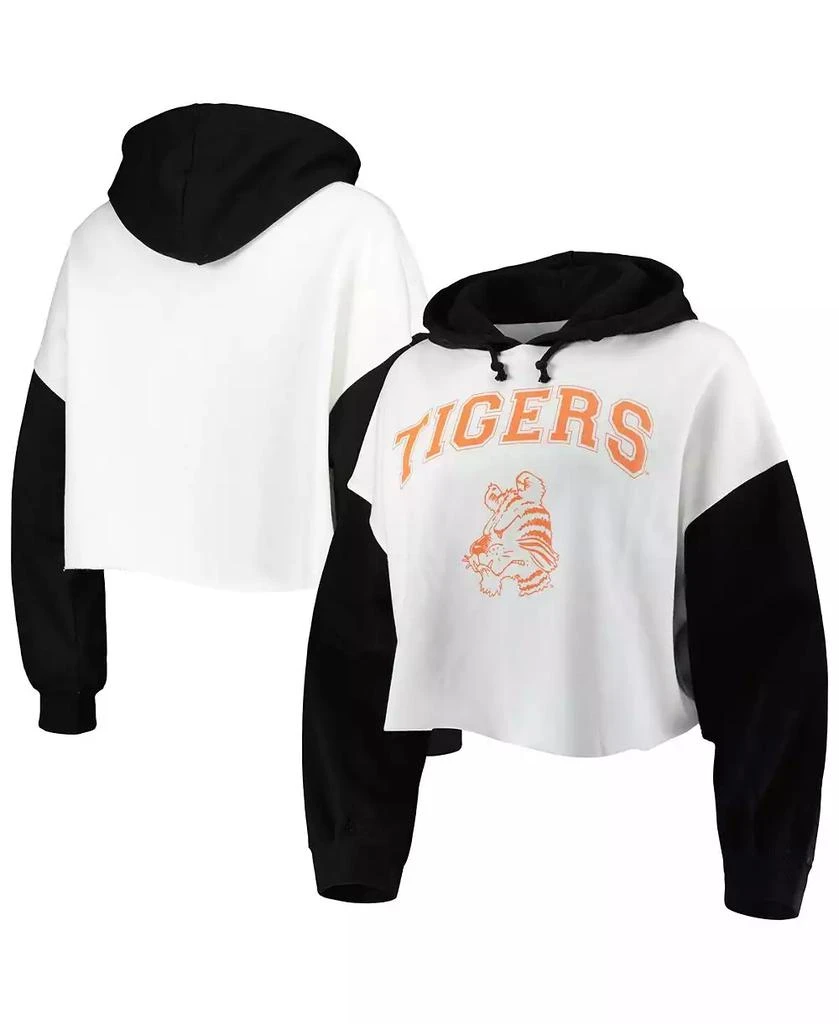 Gameday Couture Women's White, Black Distressed Clemson Tigers Good Time Color Block Cropped Hoodie 1