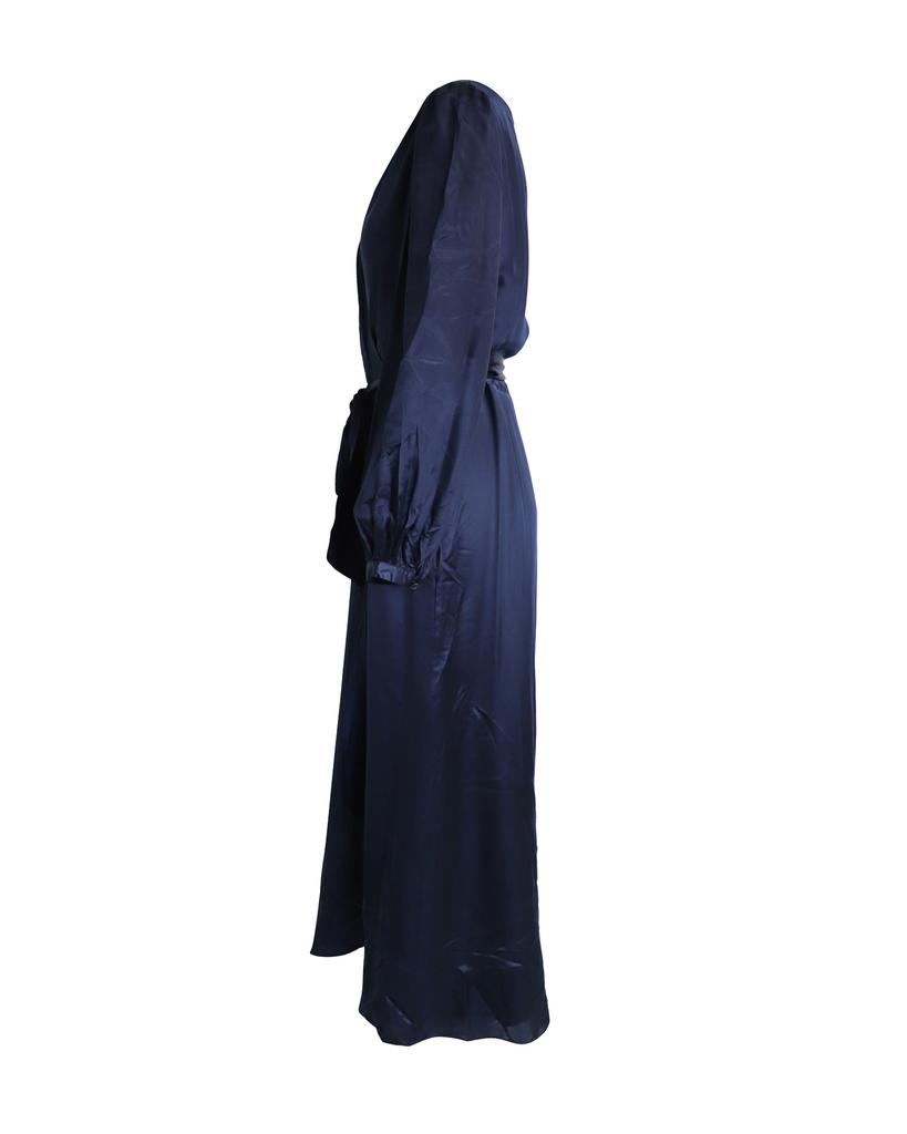Temperley London Belted Maxi Wrap Dress in Navy Blue Viscose and Silk