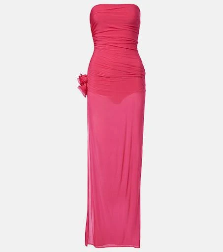 hot pink satin dress long AKIRA Who Is She Satin Feather Maxi Dress