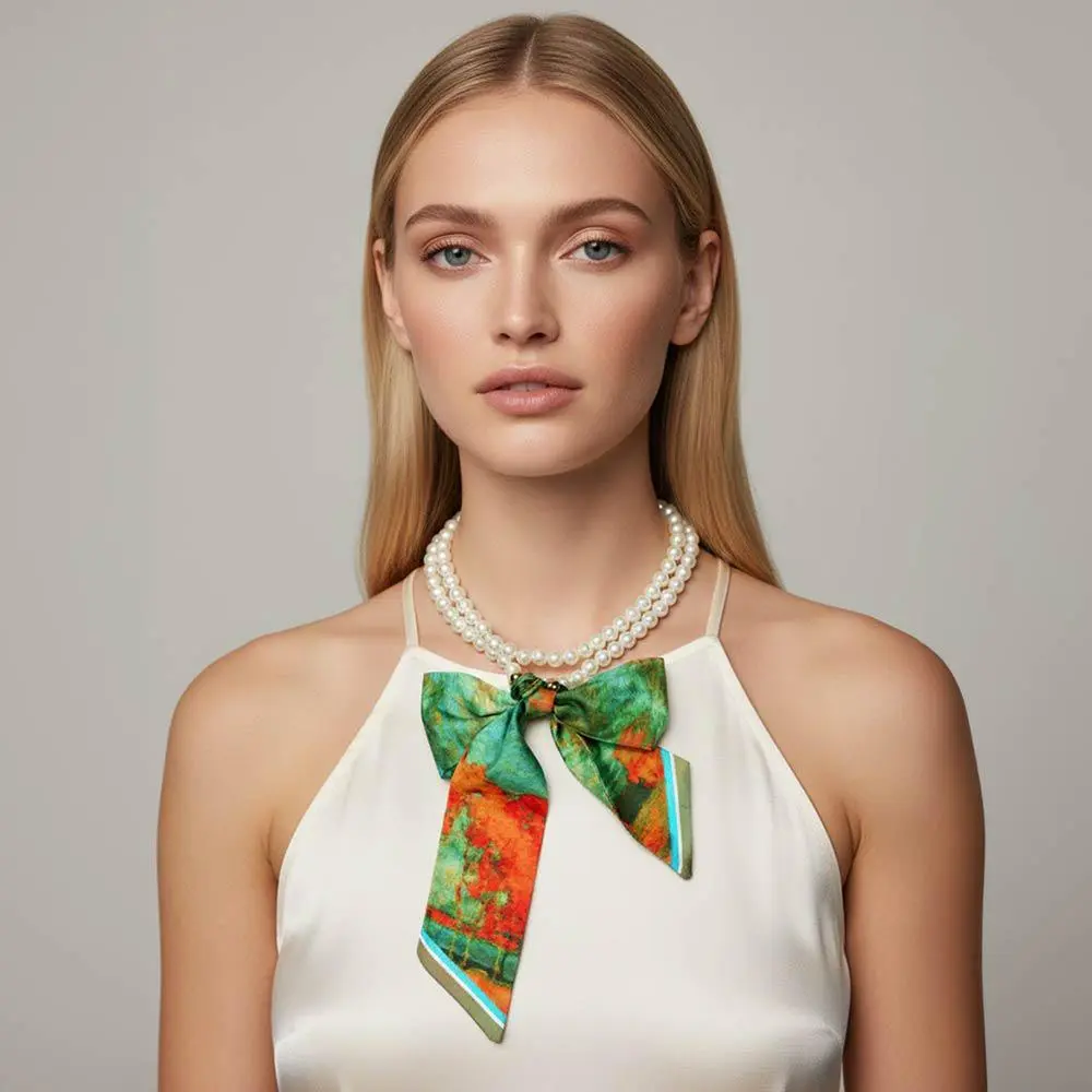FASHNZFAB Adjustable Watercolor Fabric Scarf Pearl Beaded Long Necklace