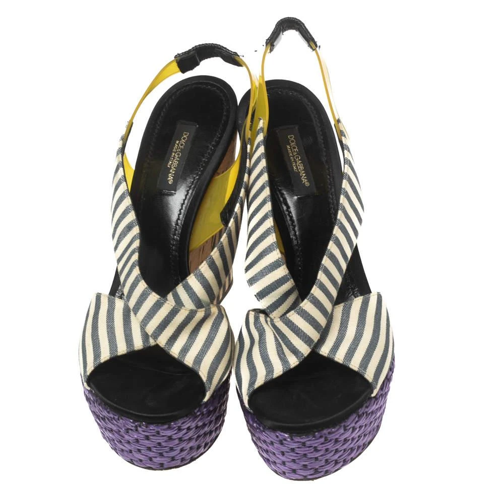 Dolce & Gabbana Dolce & Gabbana Multicolor Striped Fabric and PVC Cross Strap Slingback Wedge Sandals Size 37 3
