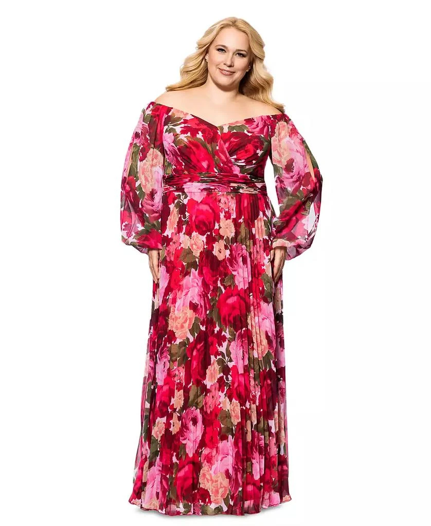 XSCAPE Plus Size Floral Off-The-Shoulder Pleated Gown 1