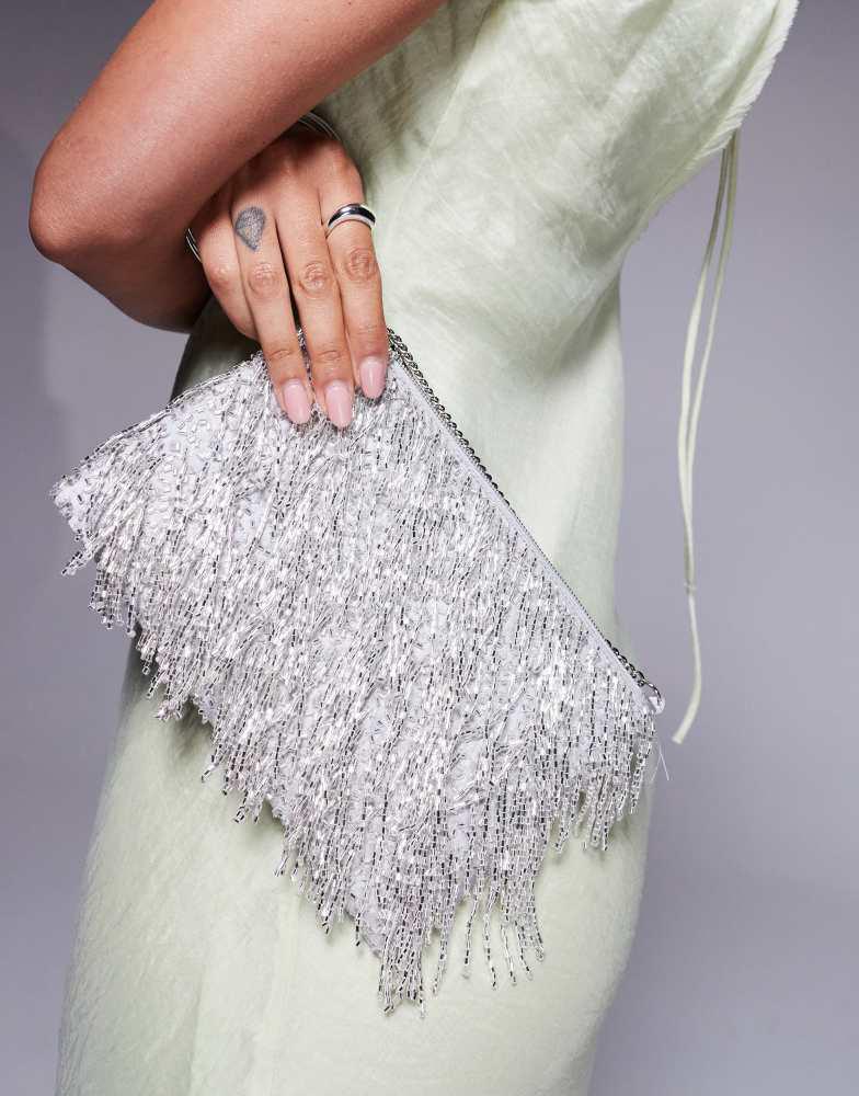 True Decadence True Decadence embellished tassle clutch bag in silver