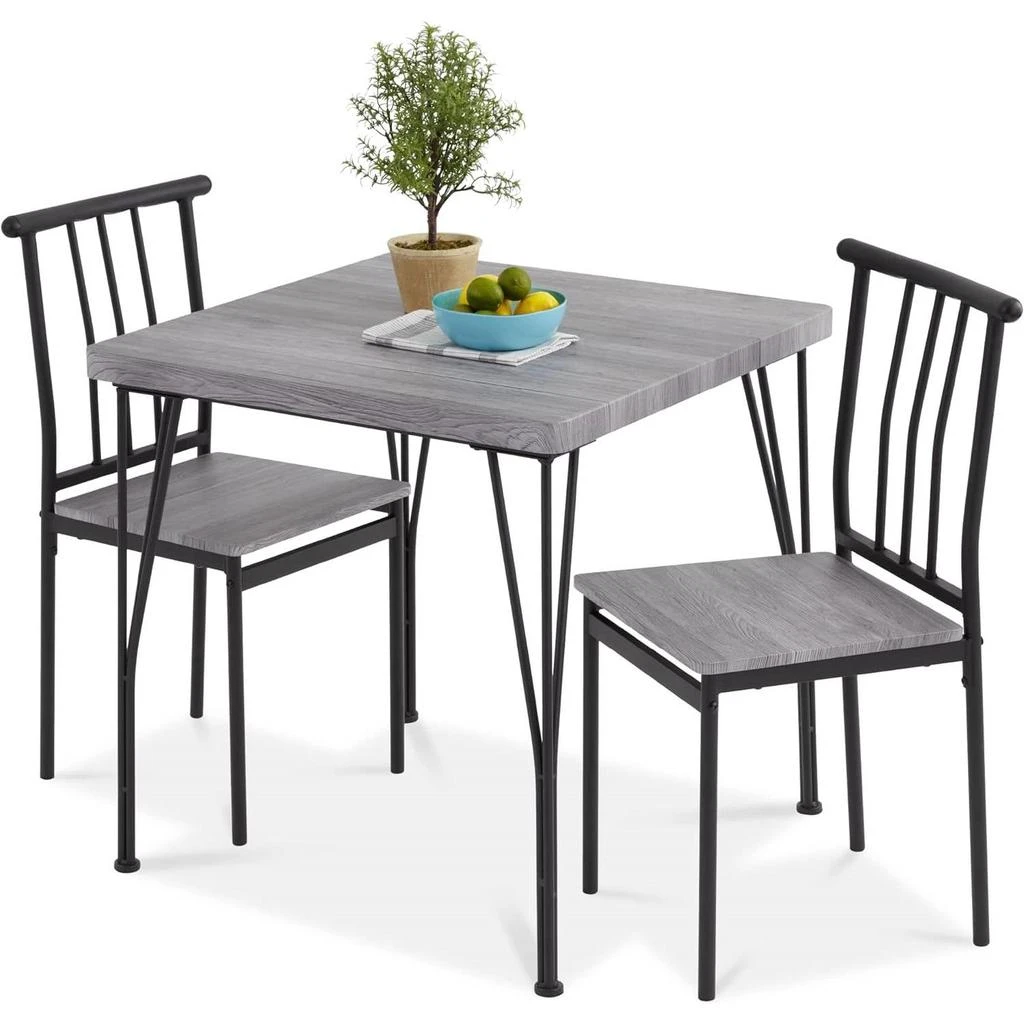 Hivvago Modern 3-Piece Metal Frame Dining Set with Grey Wood Top Table and 2 Chairs