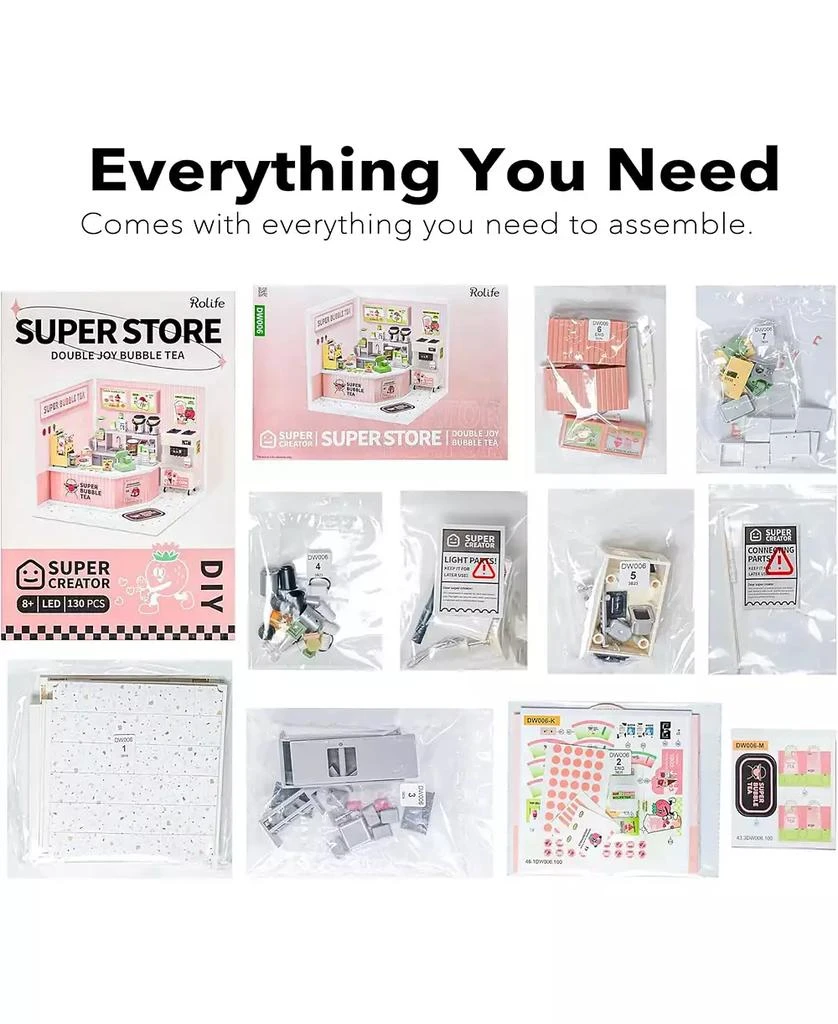 Robotime LED Building Blocks for Adults,1:24 Toy Building Sets,Model Building Kits Kids Ages 8-15 DIY Miniature Dollhouse Kits Double Joy Bubble Tea 4