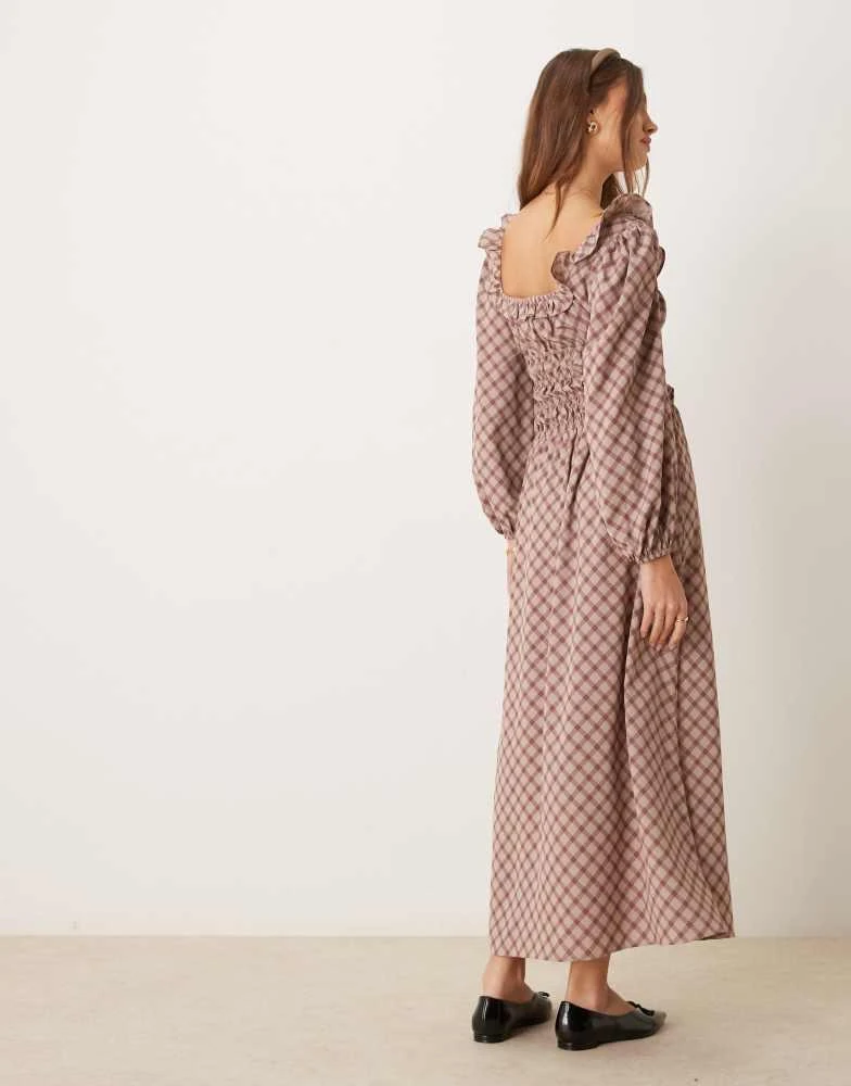 Glamorous Glamorous tie front square neck volume sleeve maxi dress with shirring and bow in red check 3
