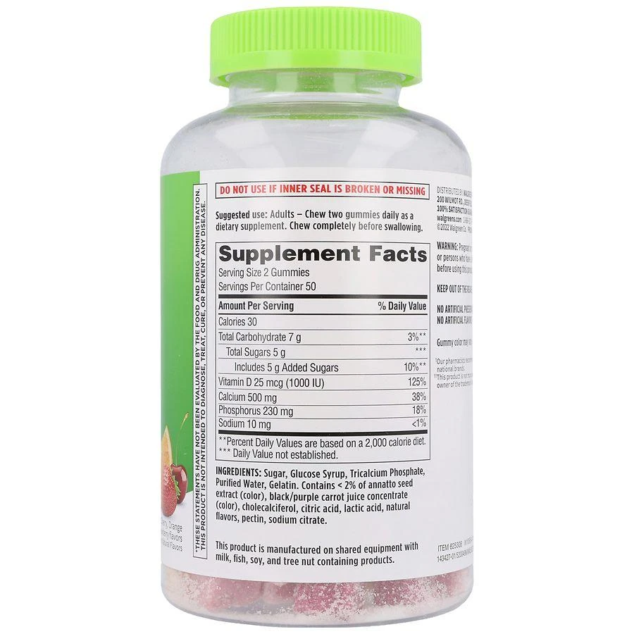 Walgreens Calcium 500 mg + Vitamin D 25 mcg (1000 IU) Gummies Natural Cherry, Orange & Strawberry 3