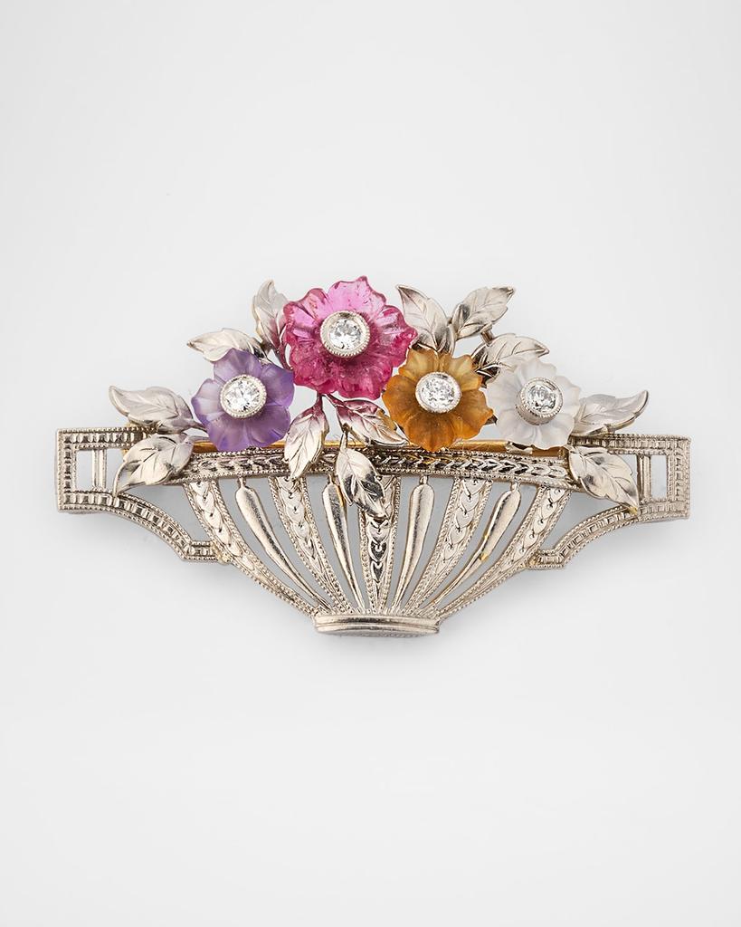 NM Estate Estate Platinum and 14K Gold Carved Mixed-Stone Flower Basket Brooch with Diamonds