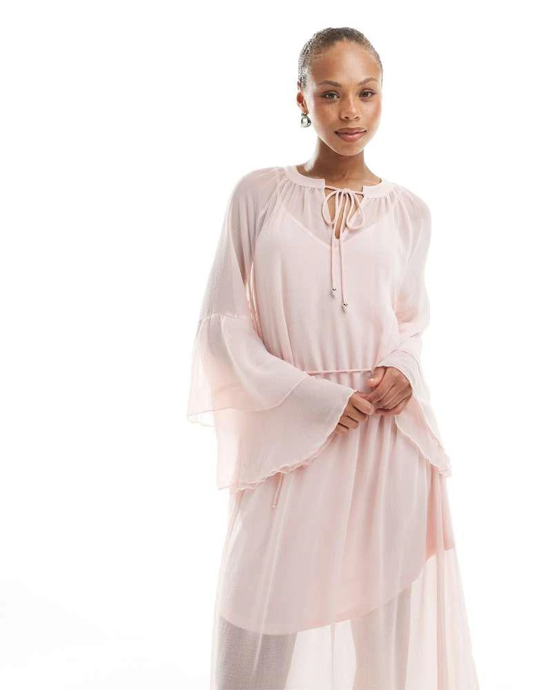 VERO MODA Vero Moda boho frill sleeve tie waist maxi dress in rose pink 3