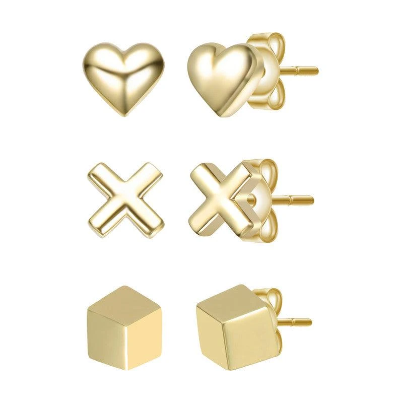 Genevive 14K Gold Plated with Heart, Cross,
Cube 3D Design 3-Piece Stud Earrings Set