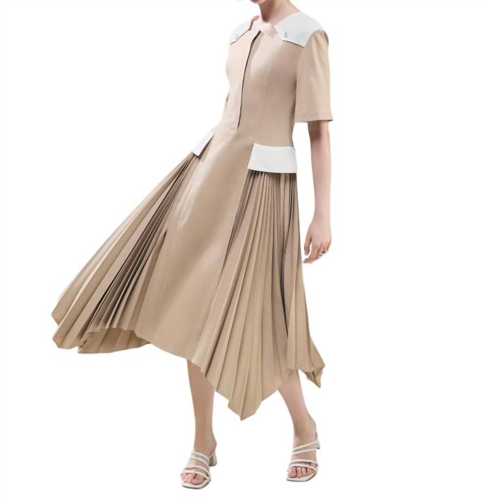 ADEAM Midi Pleated Dress In Taupe-Ivory