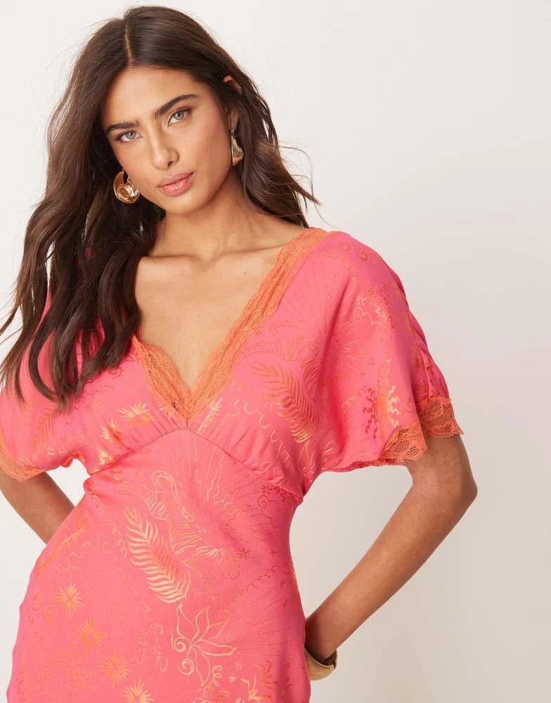 Never Fully Dressed Never Fully Dressed lace trim midaxi dress in red and pink print 2