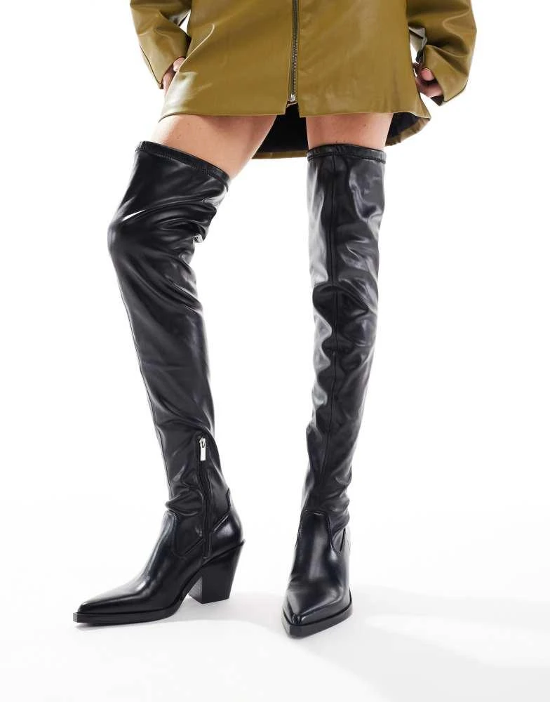 Bershka Bershka over the knee faux leather heeled boots in black 1