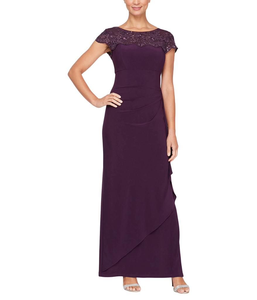 Alex Evenings Long Empire Waist Dress with Cascade Skirt and Embroidered Neckline