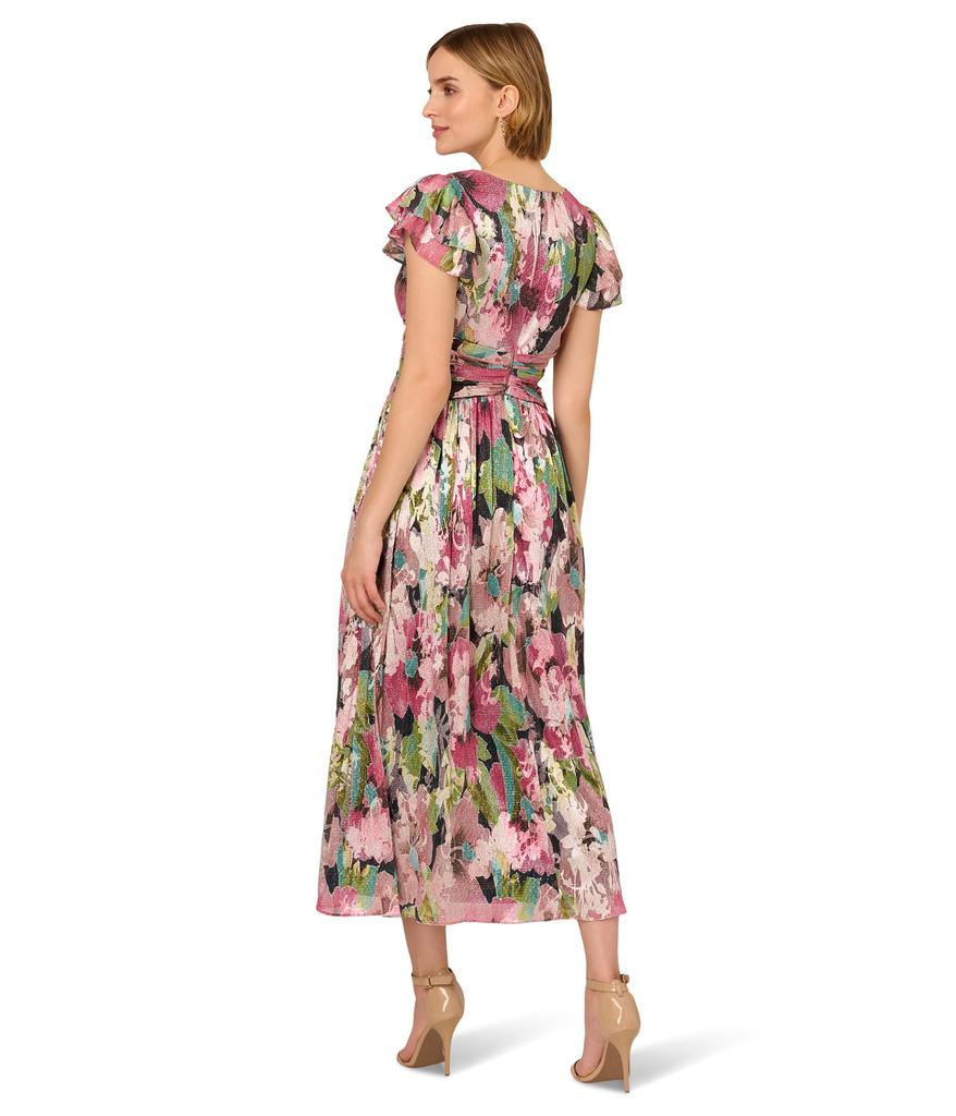 Adrianna Papell Floral Metallic Crinkle Gown