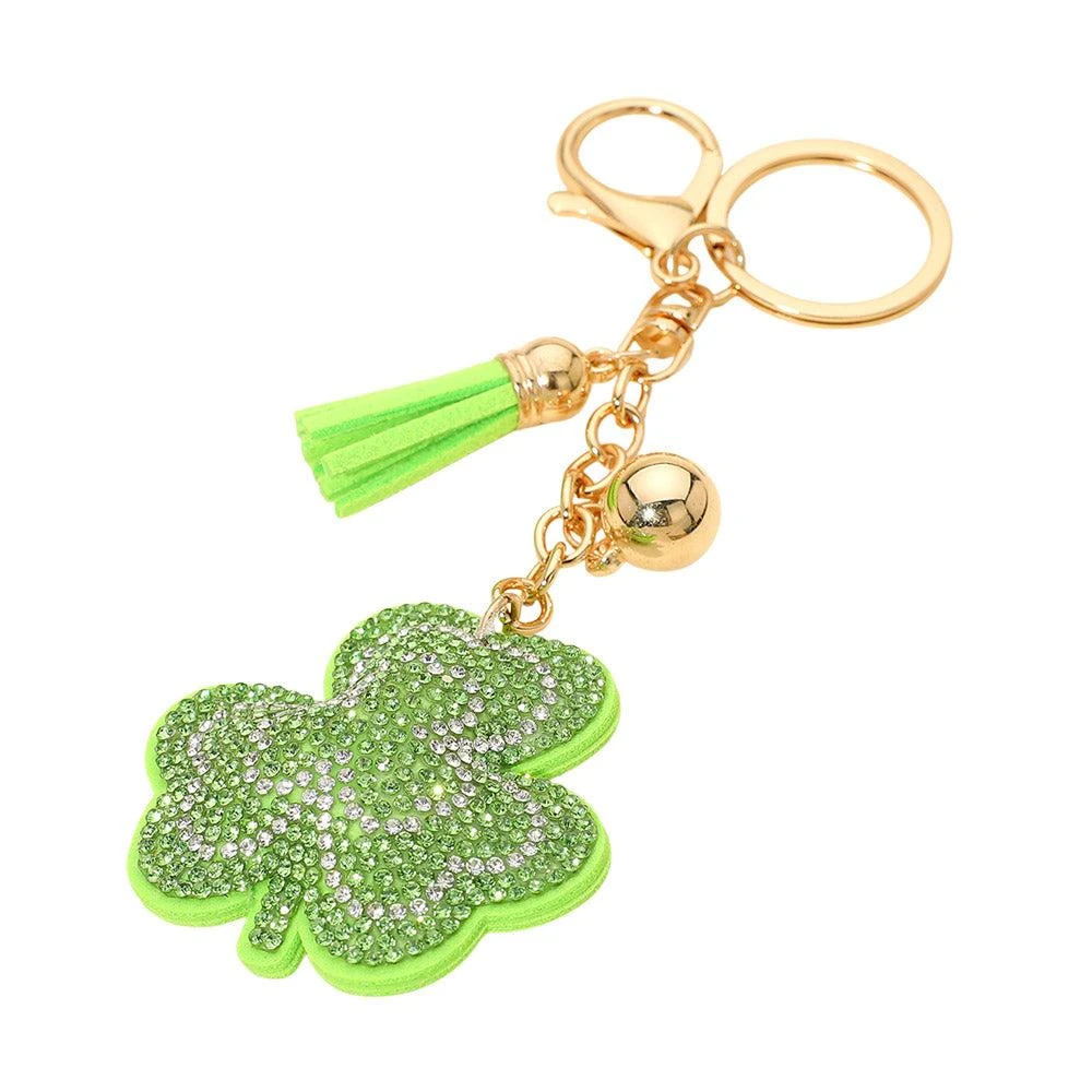 FASHNZFAB Bling Studded Tassel Shamrock Keychain Bag Charm 2