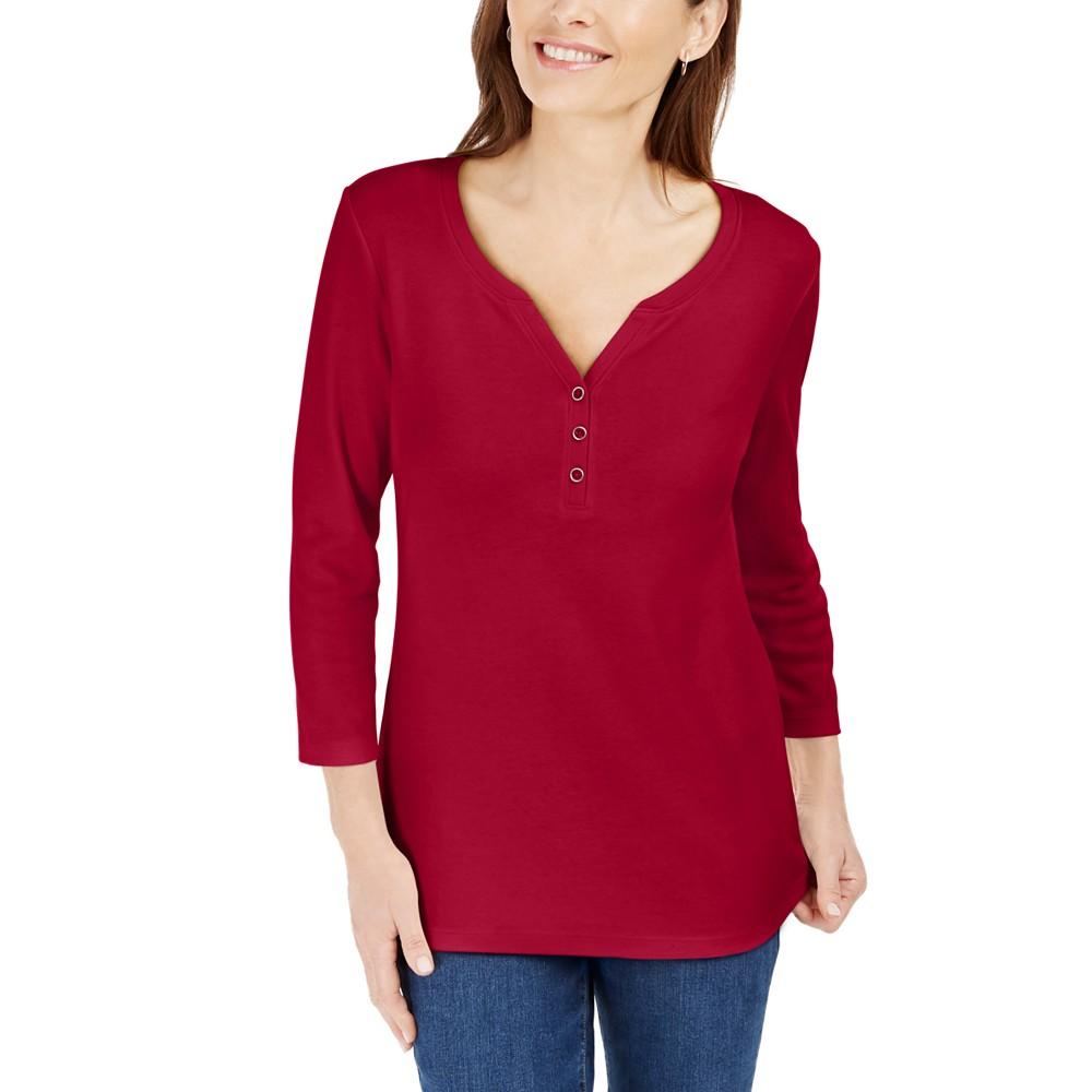 Karen Scott Petite 3/4-Sleeve Henley Shirt, Created for Macy's