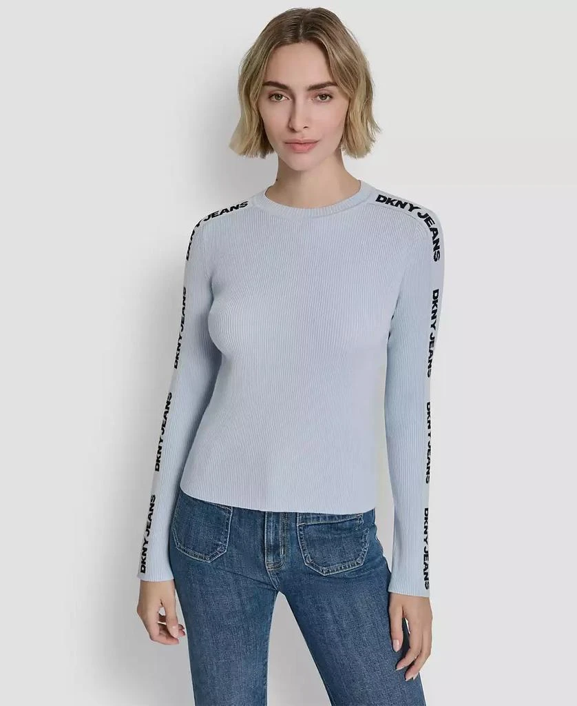 DKNY Women's Long-Sleeve Logo Trim Crewneck Sweater