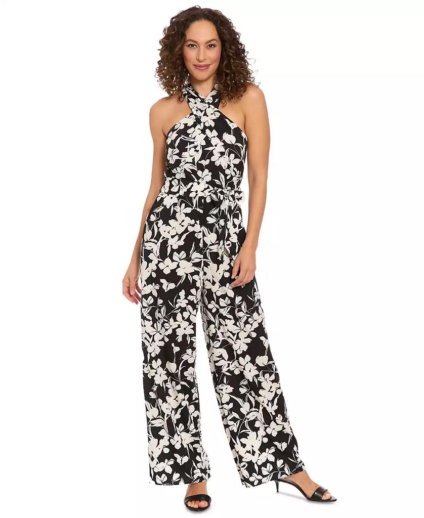 London Times Petite Cross-Neck Tie-Waist Sleeveless Jumpsuit