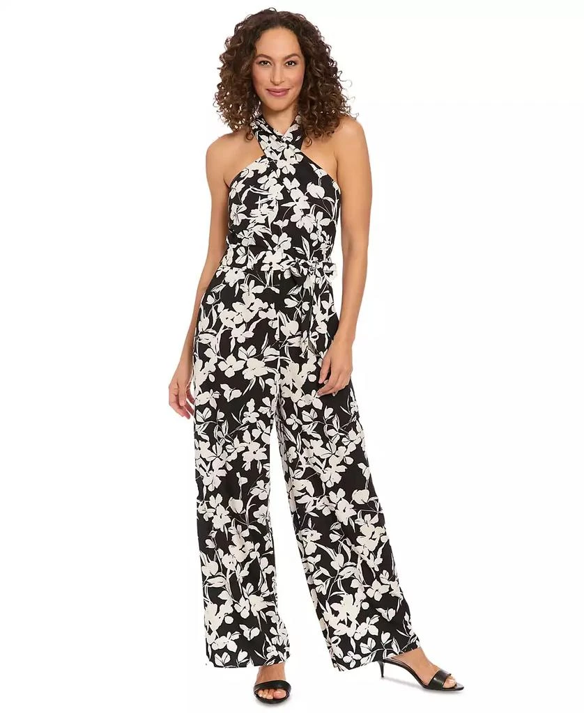 London Times Petite Cross-Neck Tie-Waist Sleeveless Jumpsuit 1