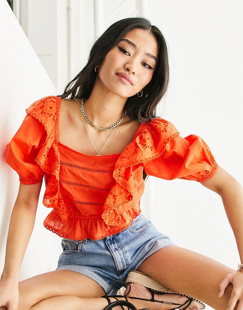 Miss Selfridge Miss Selfridge festival broderie frill detail crop top in burnt orange