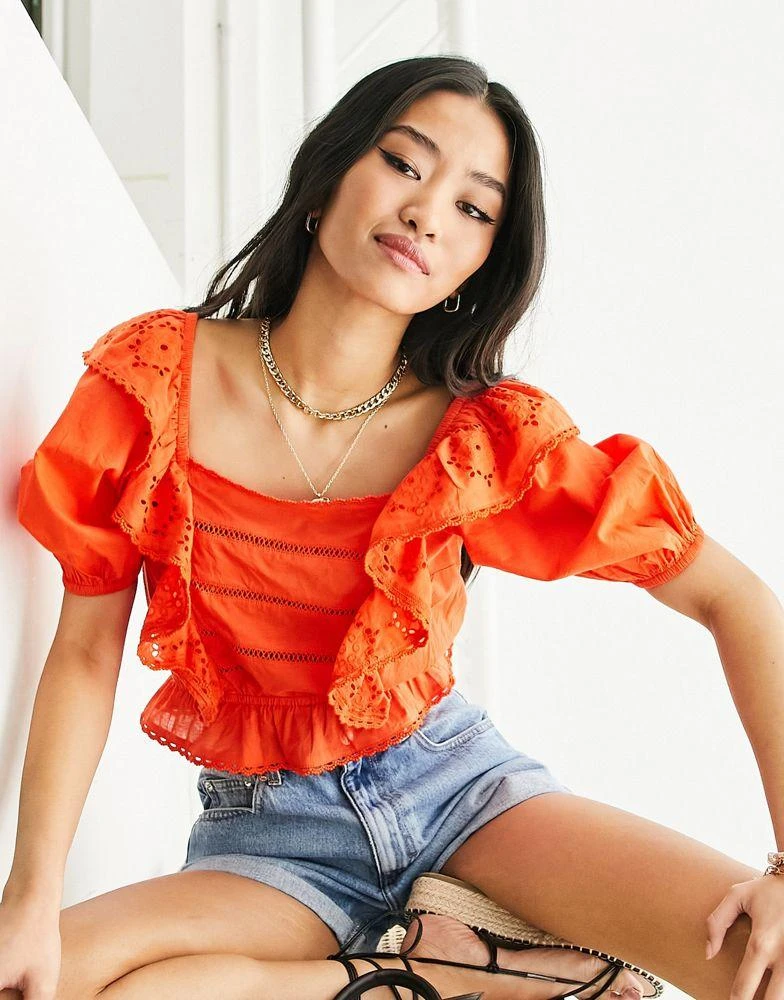 Miss Selfridge Miss Selfridge festival broderie frill detail crop top in burnt orange 1