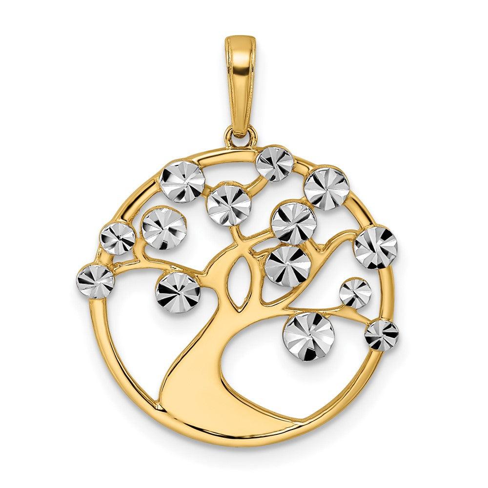 Diamond2Deal 14k Yellow Gold White Rhodium Diamond-cut Tree of Life Pendant
