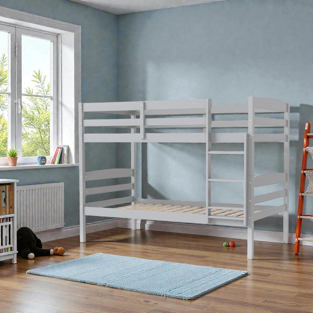 Hivvago Sturdy Wood Twin Bunk Bed with Raised Safety Rails and Built-In Ladder
