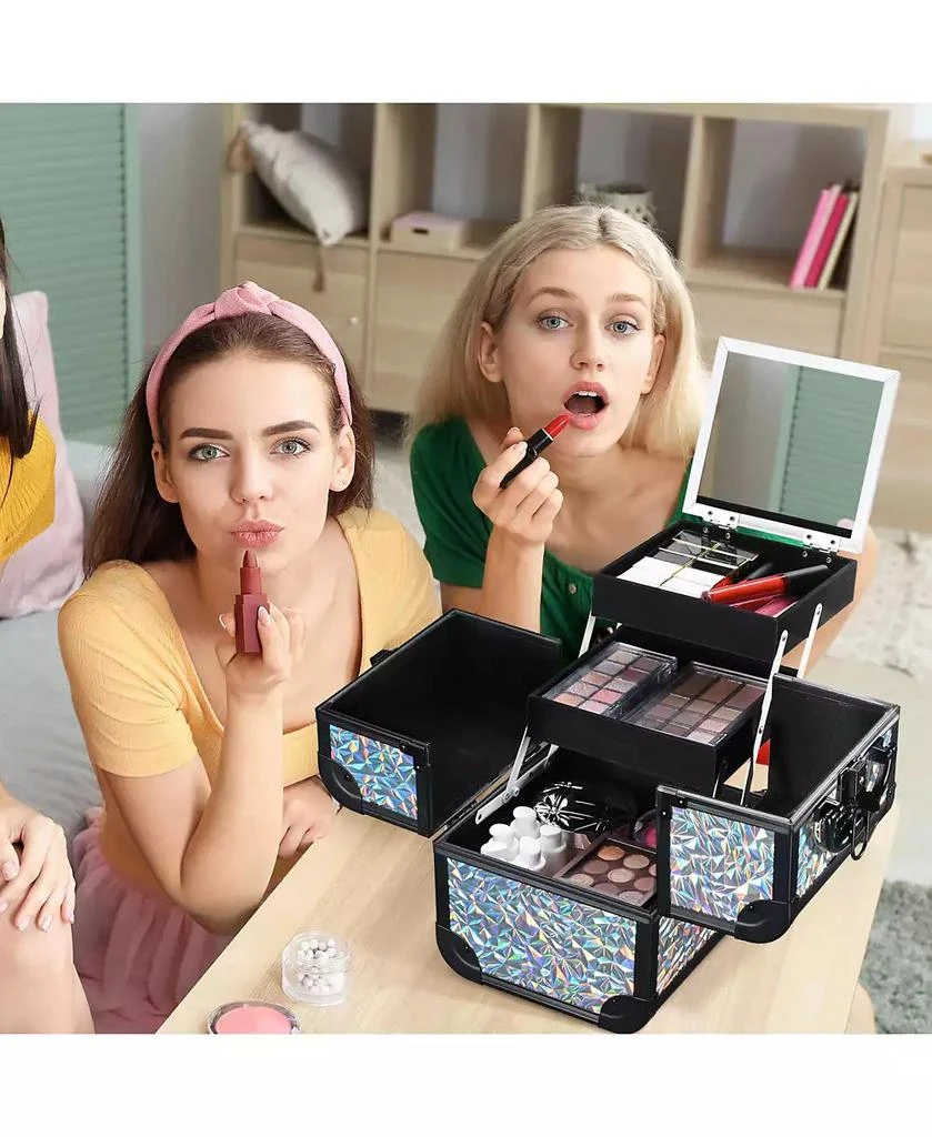 Byootique Rolling Makeup Train Case 3-Piece Cosmetic Organizer Kit Trolley Organizer Travel Case Lockable with Wheels, Mermaid Silver 7