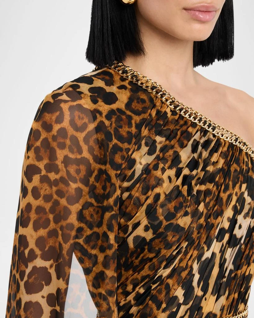 Pamella Roland Leopard Chiffon Cape-Sleeve One-Shoulder Gown With Embroidered Belt 5