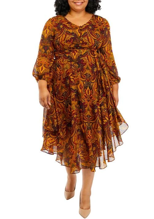 Vince Camuto Plus Size Long Sleeve V-Neck Maxi Dress with Asymmetrical Hem