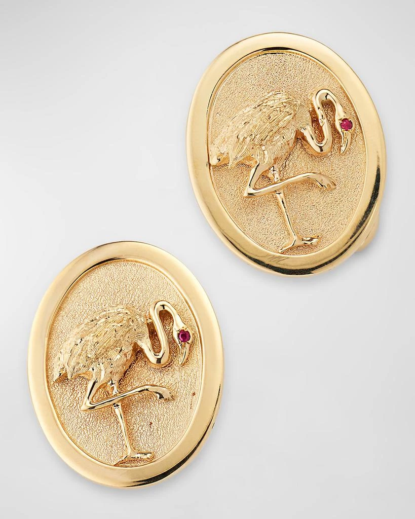 NM Estate Estate 14K Yellow Gold Oval Flamingo Cufflinks with Ruby Eyes 3