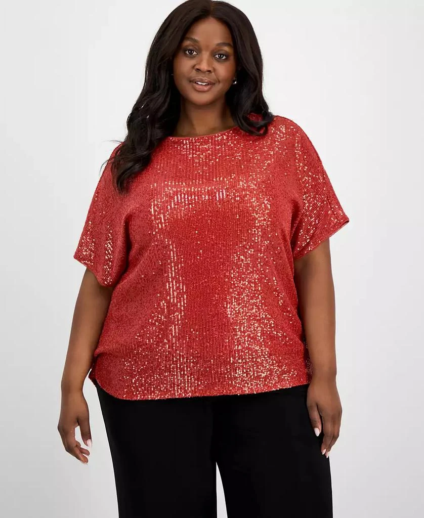 Anne Klein Plus Size Sequin Dolman-Sleeve Boat-Neck Top 1