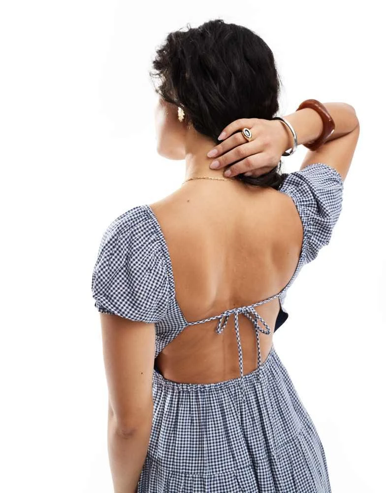 HOLLISTER Hollister short sleeve milkmaid smocked waist maxi dress in blue picnic 3