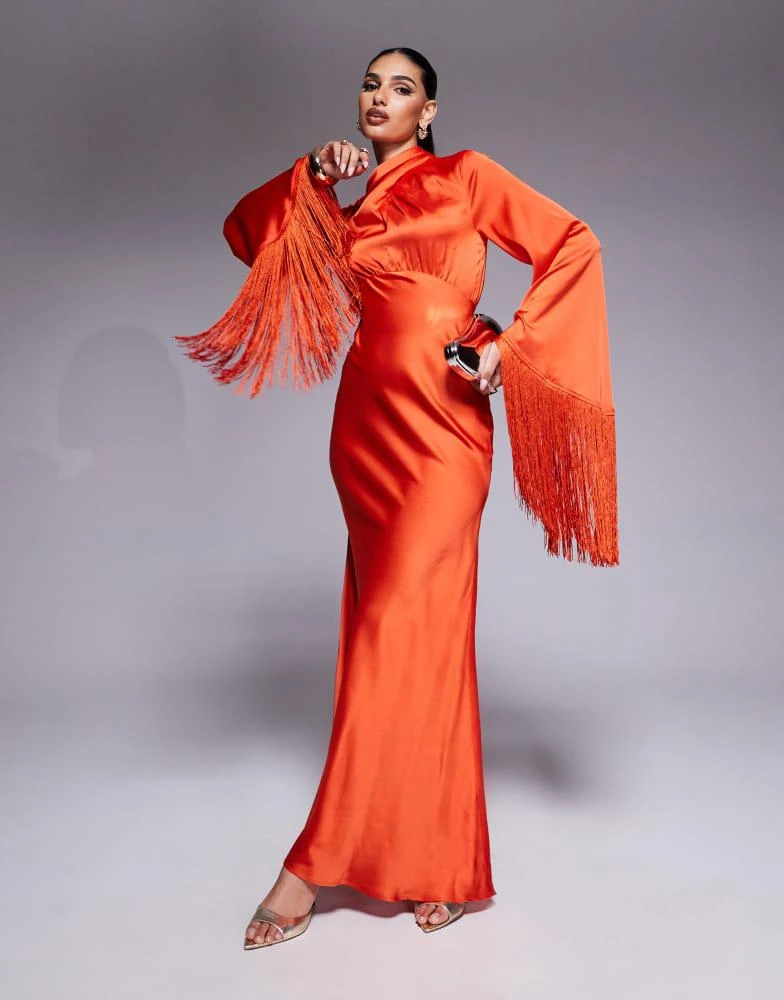 chinese dress ladies Satin and velvet fringed maxi dress main image 0