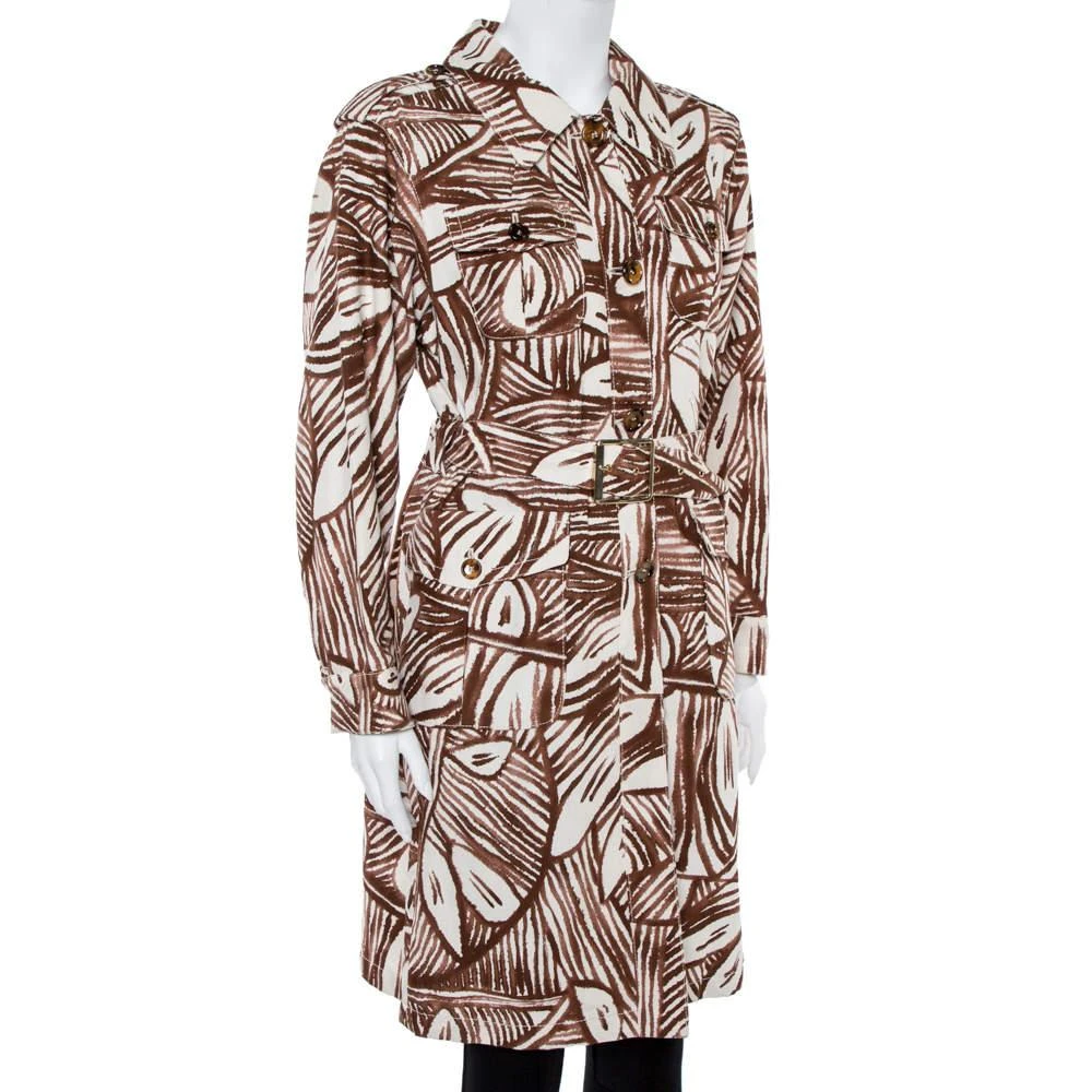 Max Mara Max Mara White & Brown Printed Canvas Belted Coat M 2