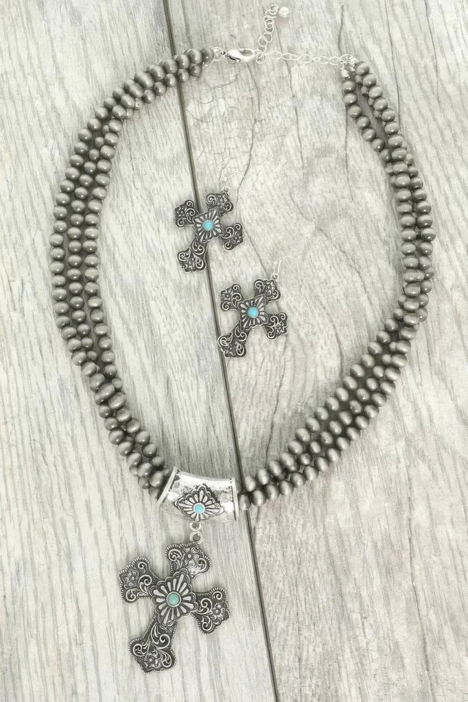 TRUEDAMES Western Turquoise Cross Necklace Set
