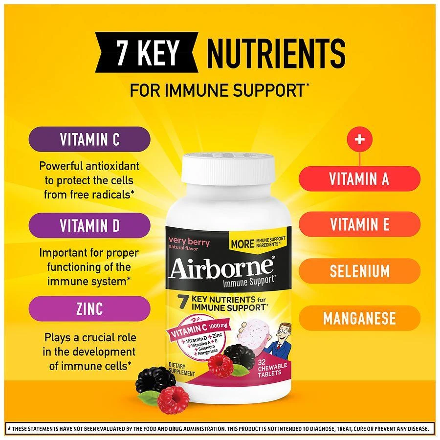 Airborne Immune Support Chewable Tablets Minerals & Herbs with Vitamin C, E, Zinc Very Berry 2