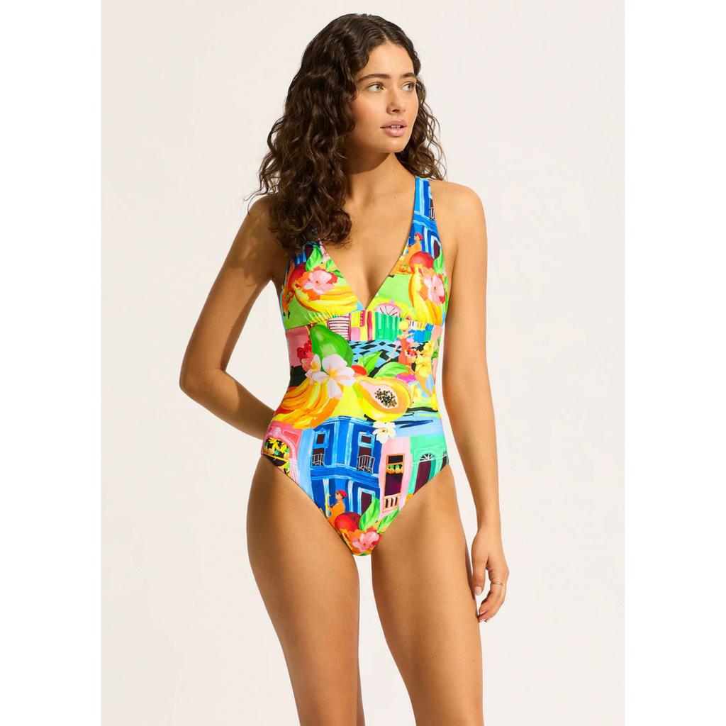 Seafolly Cuba Swimsuit Women's Turquoise Stretch Deep V-Neck One Piece RED289