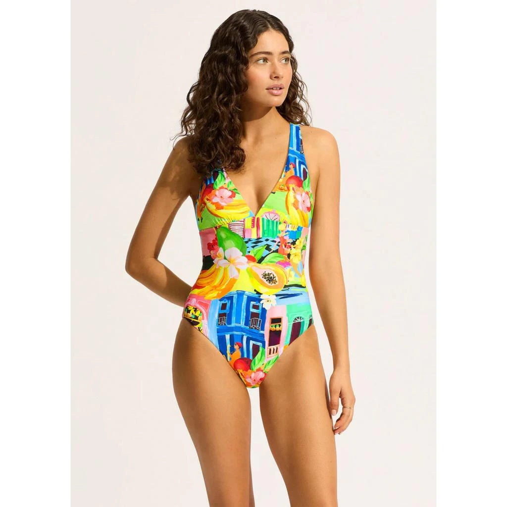 Seafolly Cuba Swimsuit Women's Turquoise Stretch Deep V-Neck One Piece RED289 from Premium Outlets