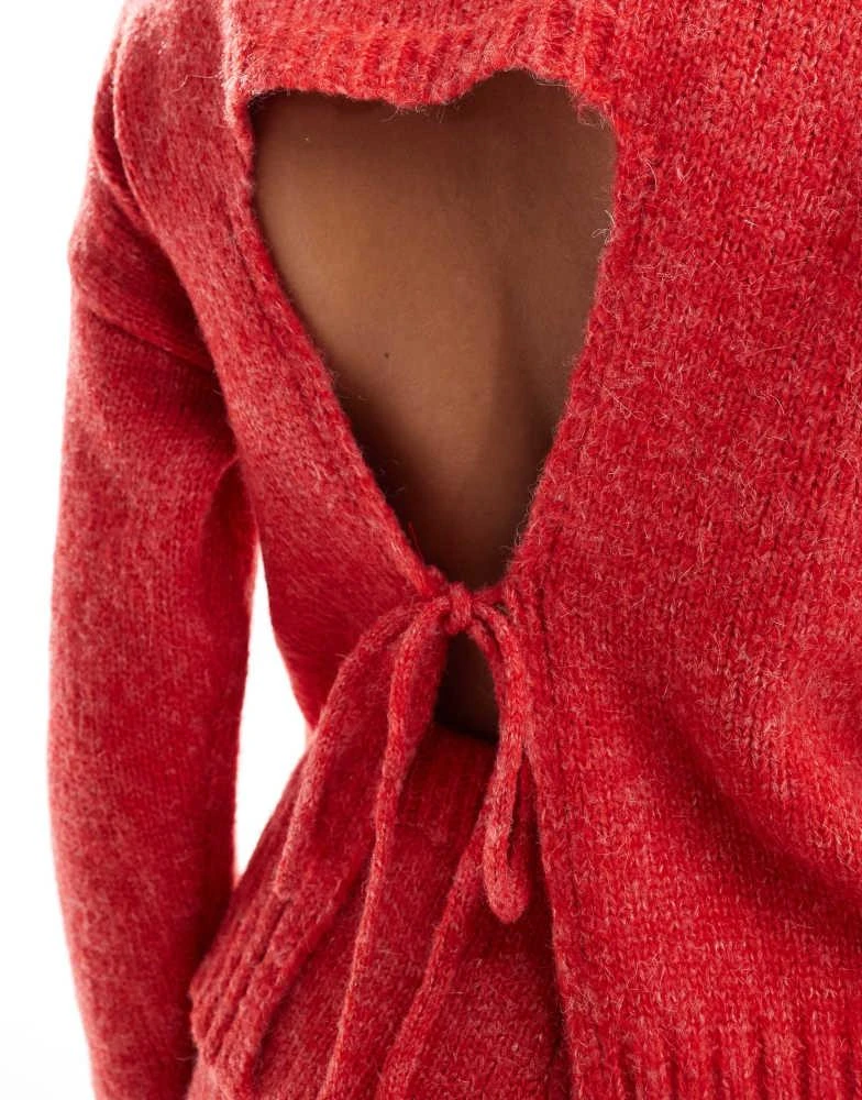 Kiss The Sky Kiss The Sky open back turtleneck jumper with bow in red 2